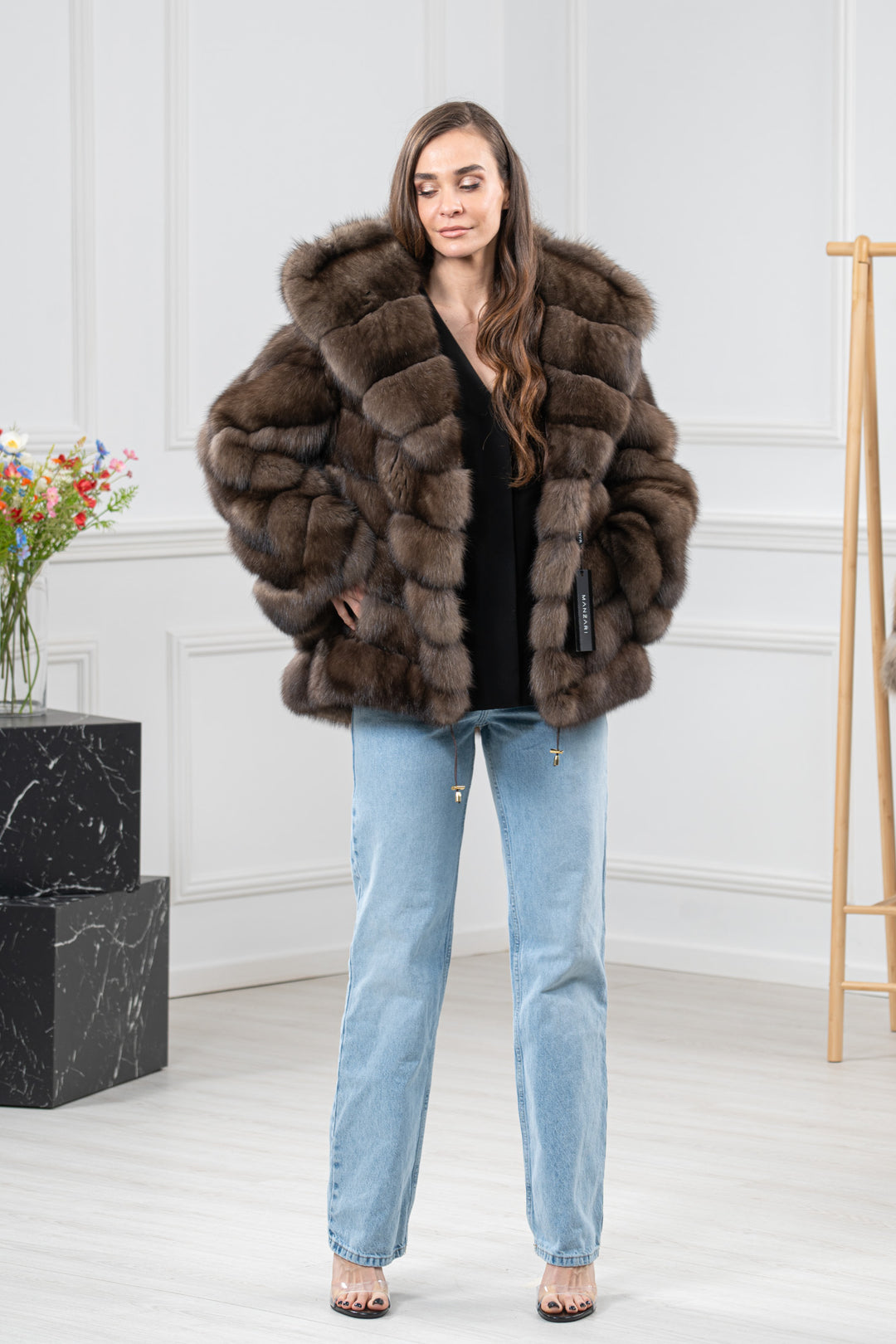Platinum Russian Sable Fur Short Jacket With Hood - Women&