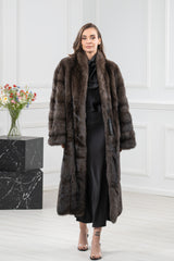 Long dark brown Russian sable fur coat featuring horizontal pelts, a shawl collar, and a straight silhouette.