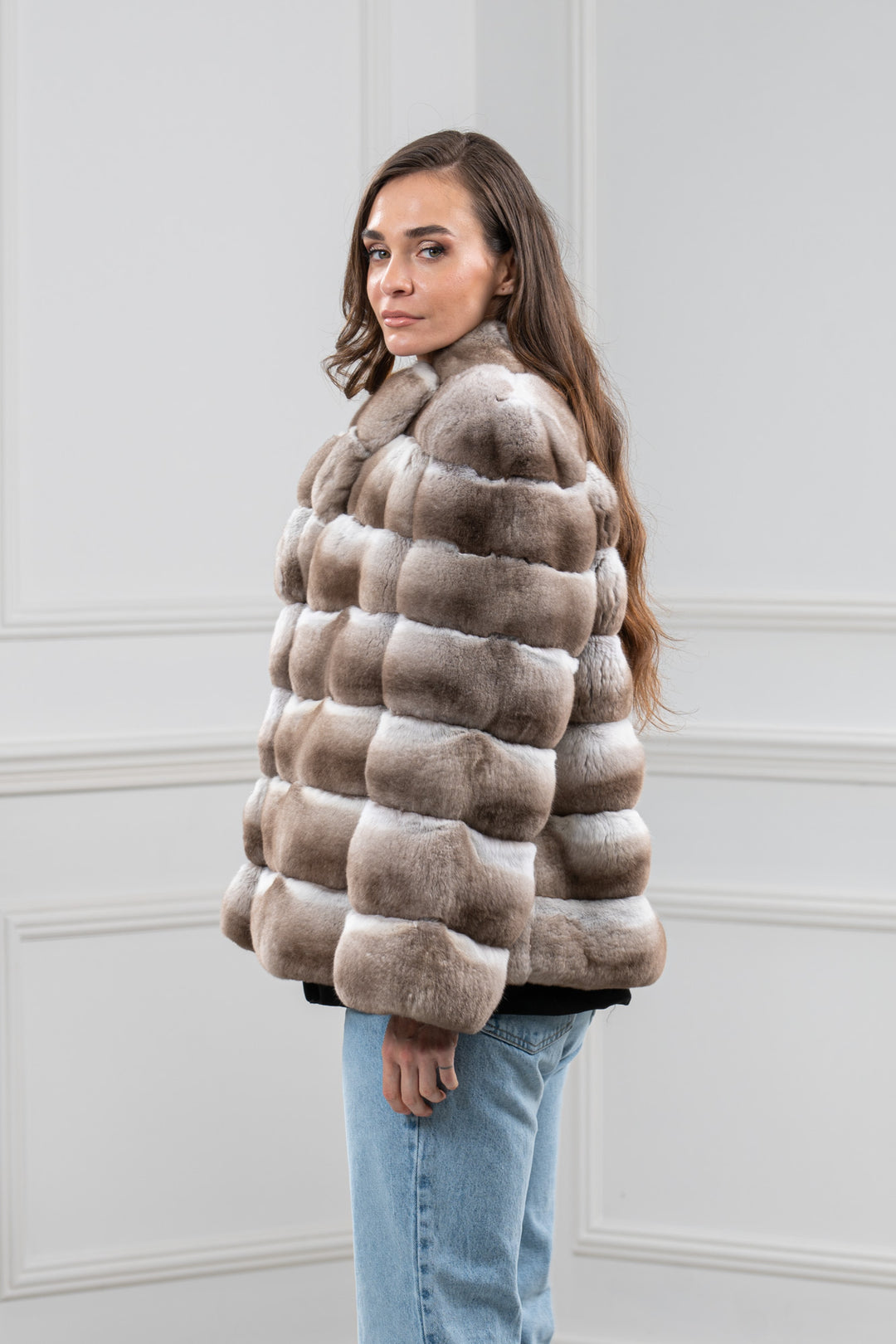 Dark Beige Chinchilla Fur Short Jacket - Women&