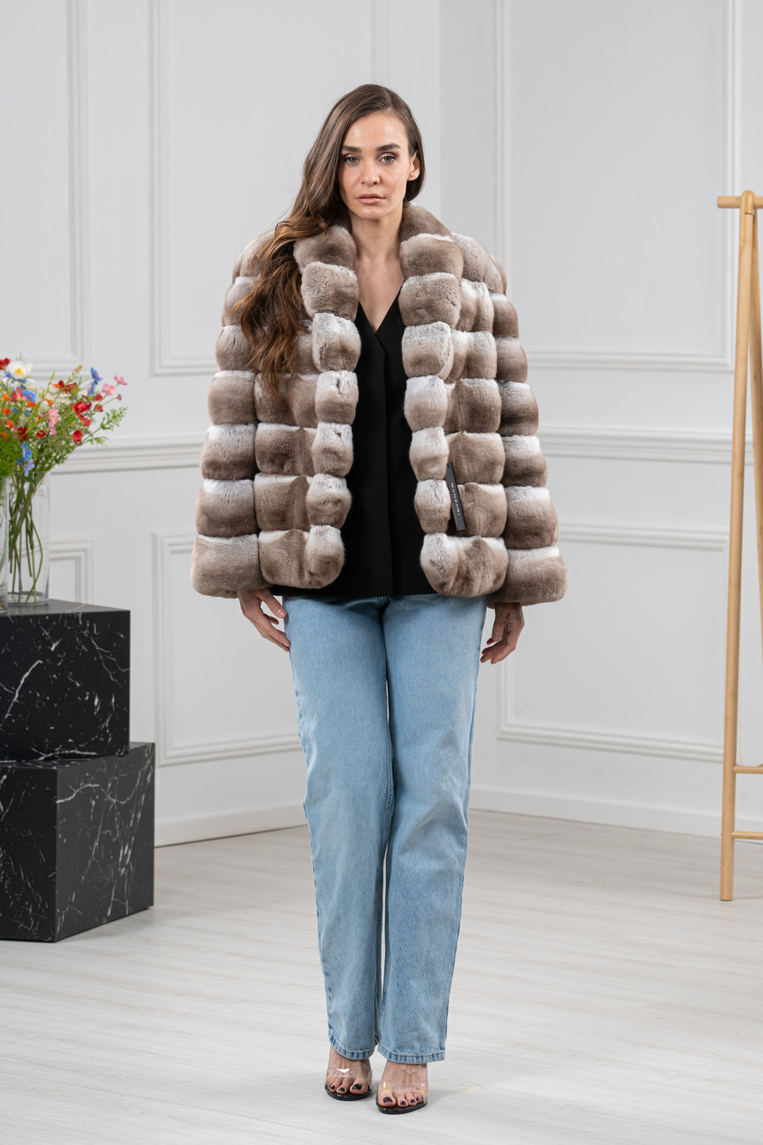 Dark Beige Chinchilla Fur Short Jacket - Women&