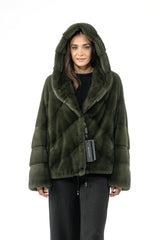 Dark olive mink fur short jacket with a hood. The front features panels pieced in a V-chevron pattern, while the sleeves have horizontal bands.