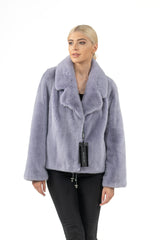 Lilac short mink fur jacket featuring a wide notch collar, straight-cut long sleeves, and a clean hip-length silhouette.