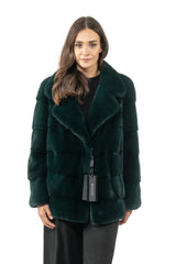 Dark forest green mink fur jacket featuring horizontal panels and a wide notched collar. The jacket has a straight fit and a hip-length cut.