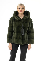 Front view of a dark olive mink fur short jacket with a hood, featuring horizontal panel construction and a front hook-and-eye closure.