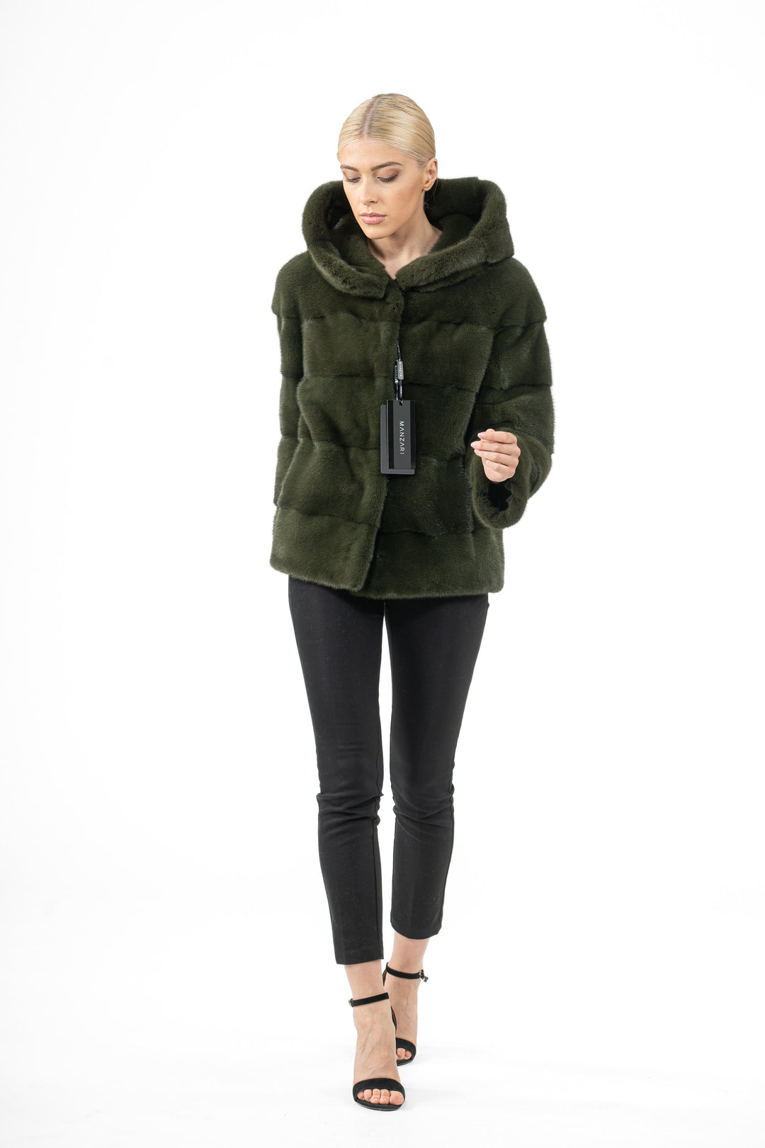 Model wearing a Dark Olive Mink fur coat