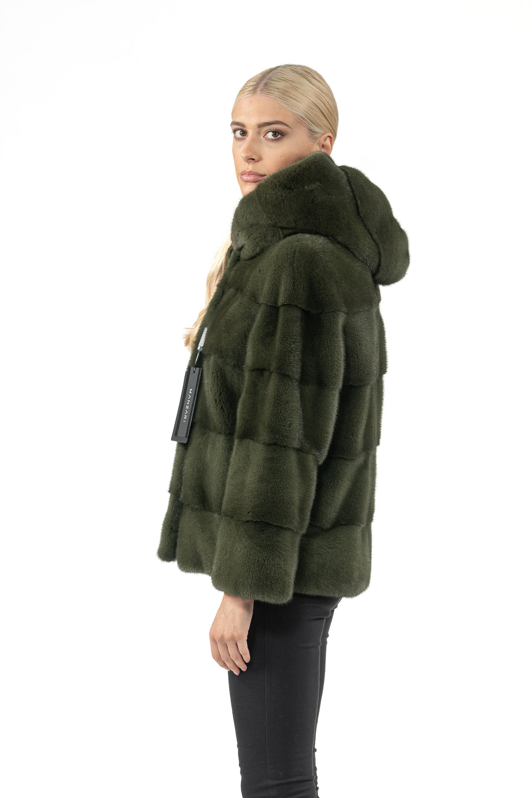 Manzari Dark Olive Mink fur coat with a modern touch