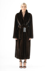 Mahogany mink fur coat with a shawl collar, long sleeves, and a matching tie-waist belt, presented in a full-length, straight-fit silhouette.