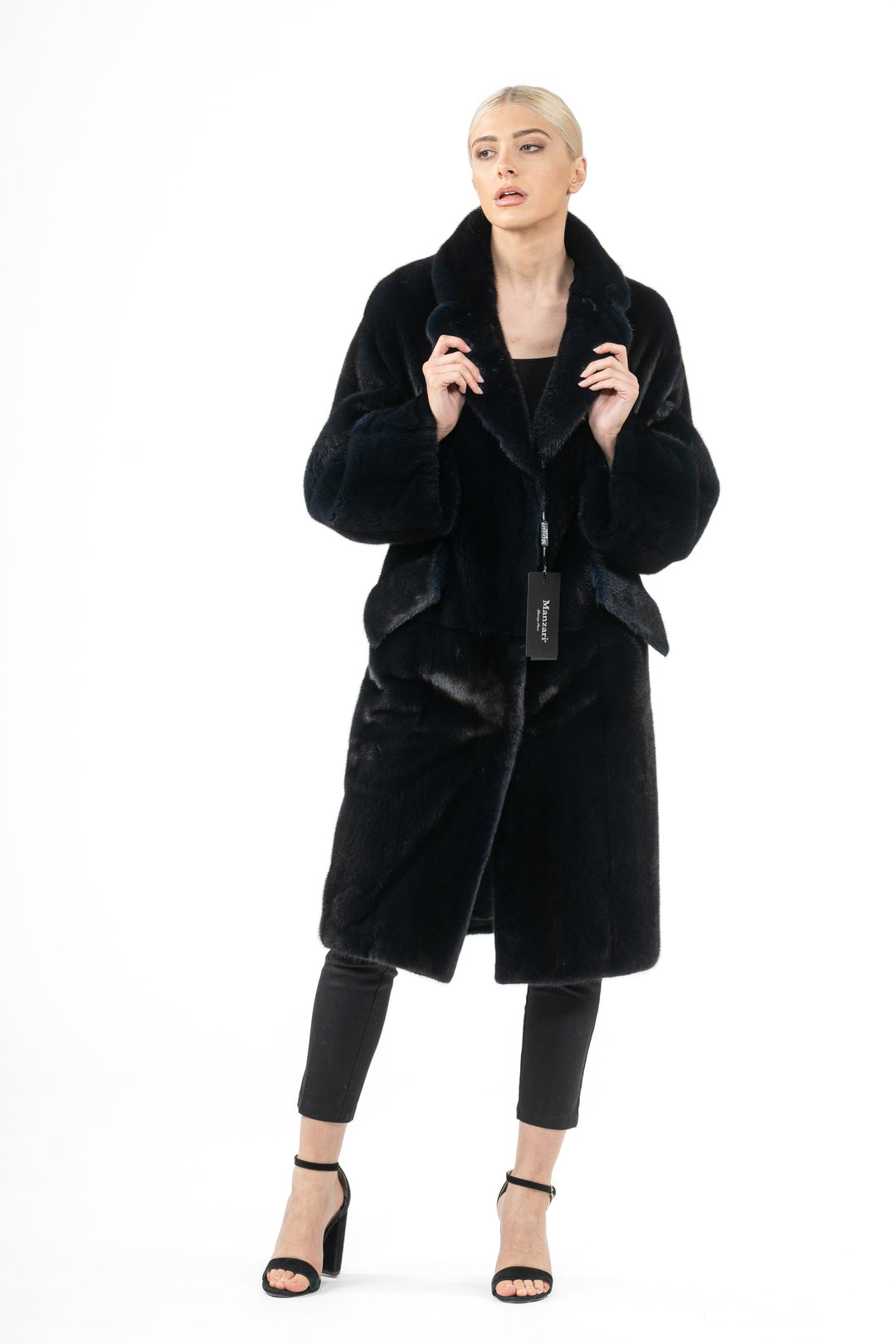 Model wearing a Blue Black Mink fur coat