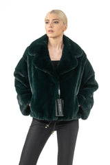Dark forest green mink fur short jacket with a wide lapel collar, a drawstring hem with gold toggles, and straight, relaxed sleeves.