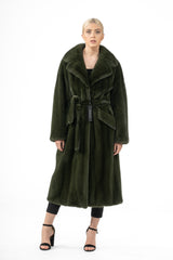 Dark olive mink fur coat with a wide collar, long sleeves, and a matching tie-waist belt. The coat has a long, straight silhouette.