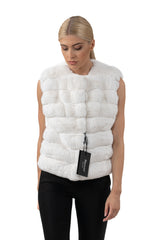 Front view of a snow-white chinchilla fur vest with a sleeveless, round-neck cut, featuring horizontal pelt panels.