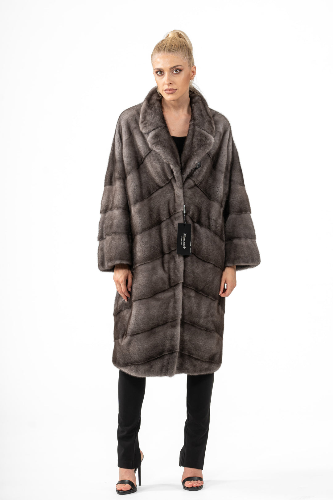 Model wearing a Blue Iris Mink fur coat