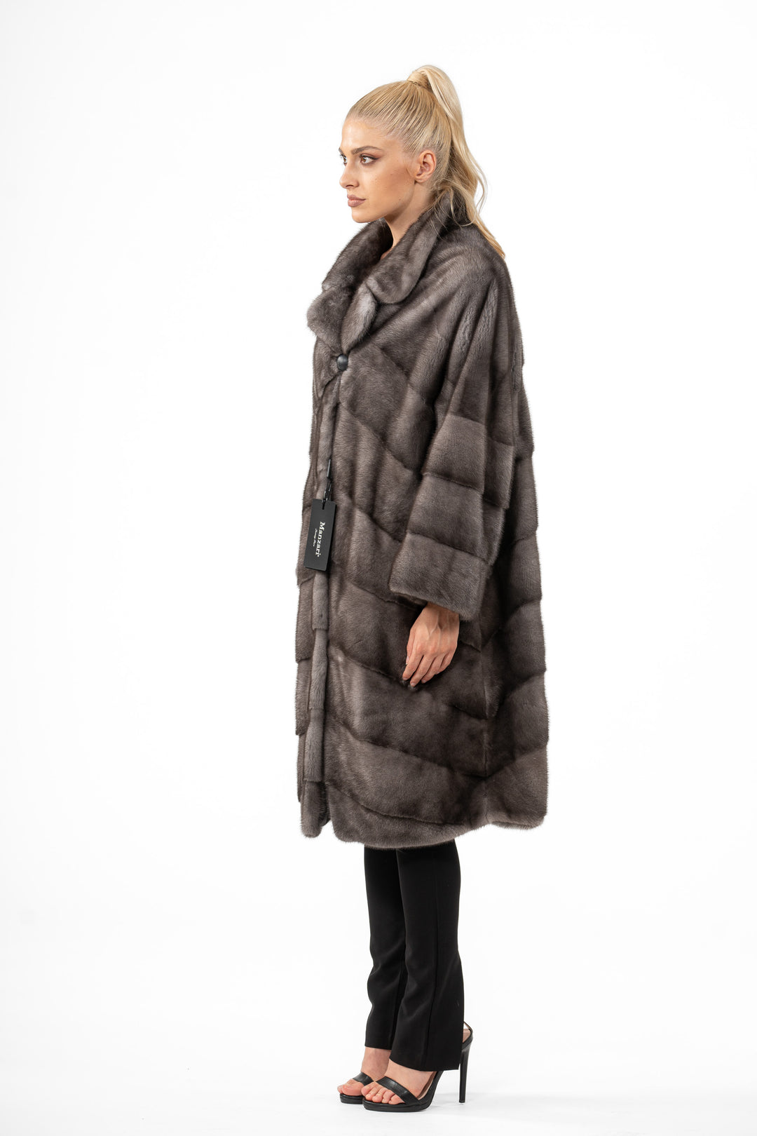 Model wearing a Blue Iris Mink fur coat