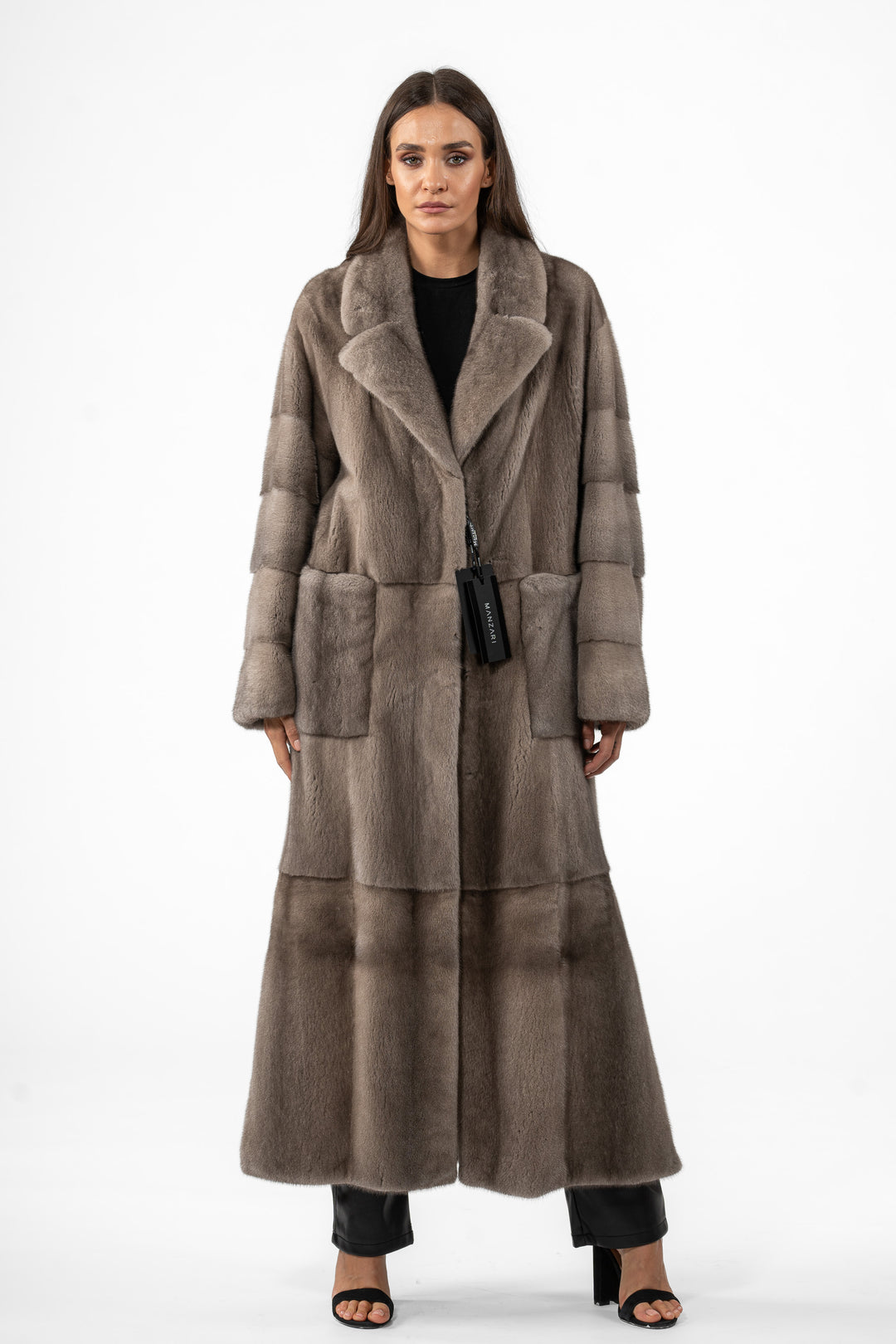 Model wearing a Silver Blue Mink fur coat