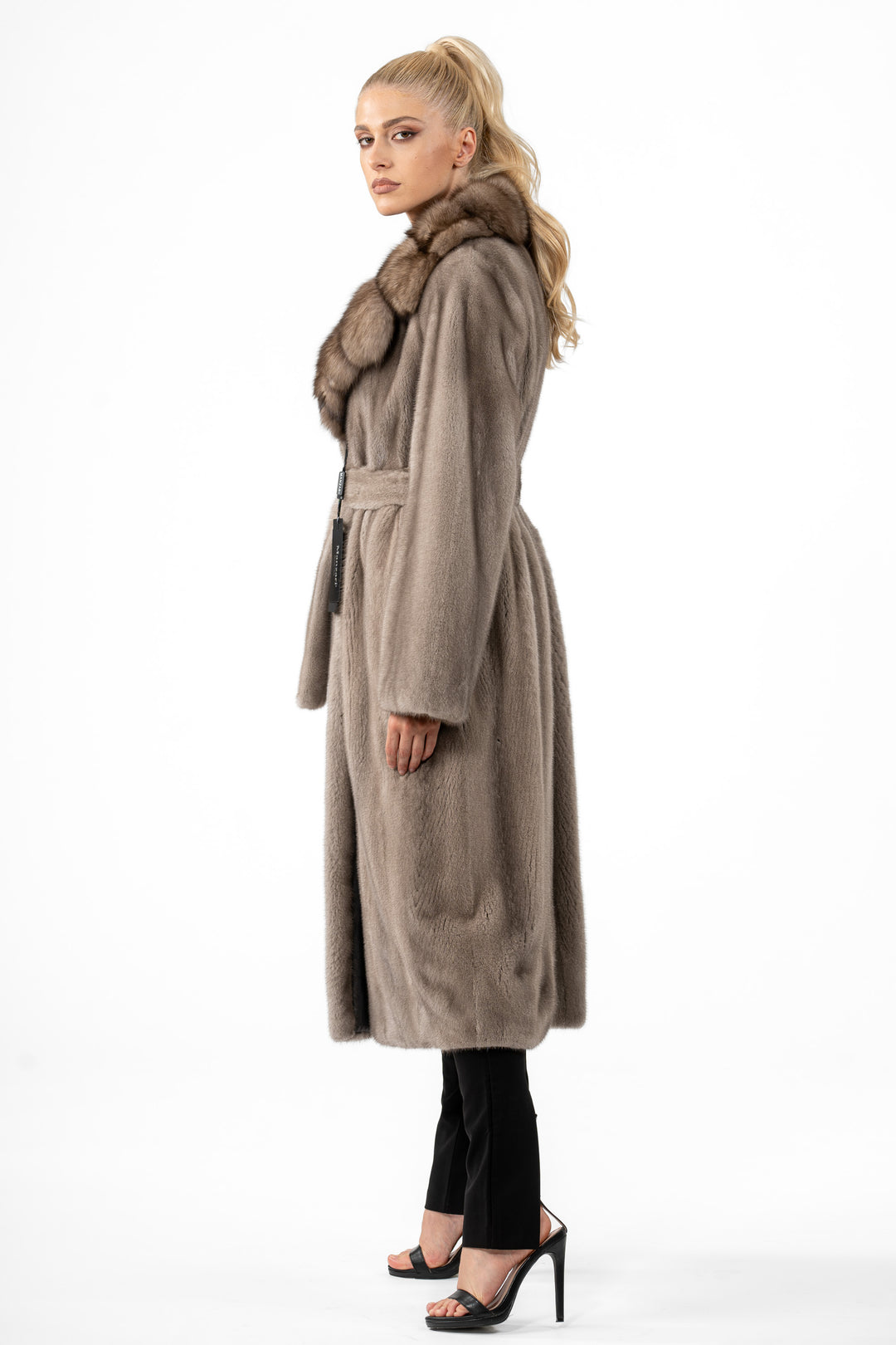 Model wearing a Silver Blue Mink fur coat