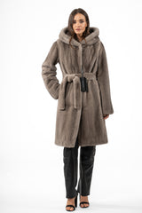 Silver blue mink fur jacket with an integrated hood, featuring a belted waist, long sleeves, and a mid-thigh length cut.
