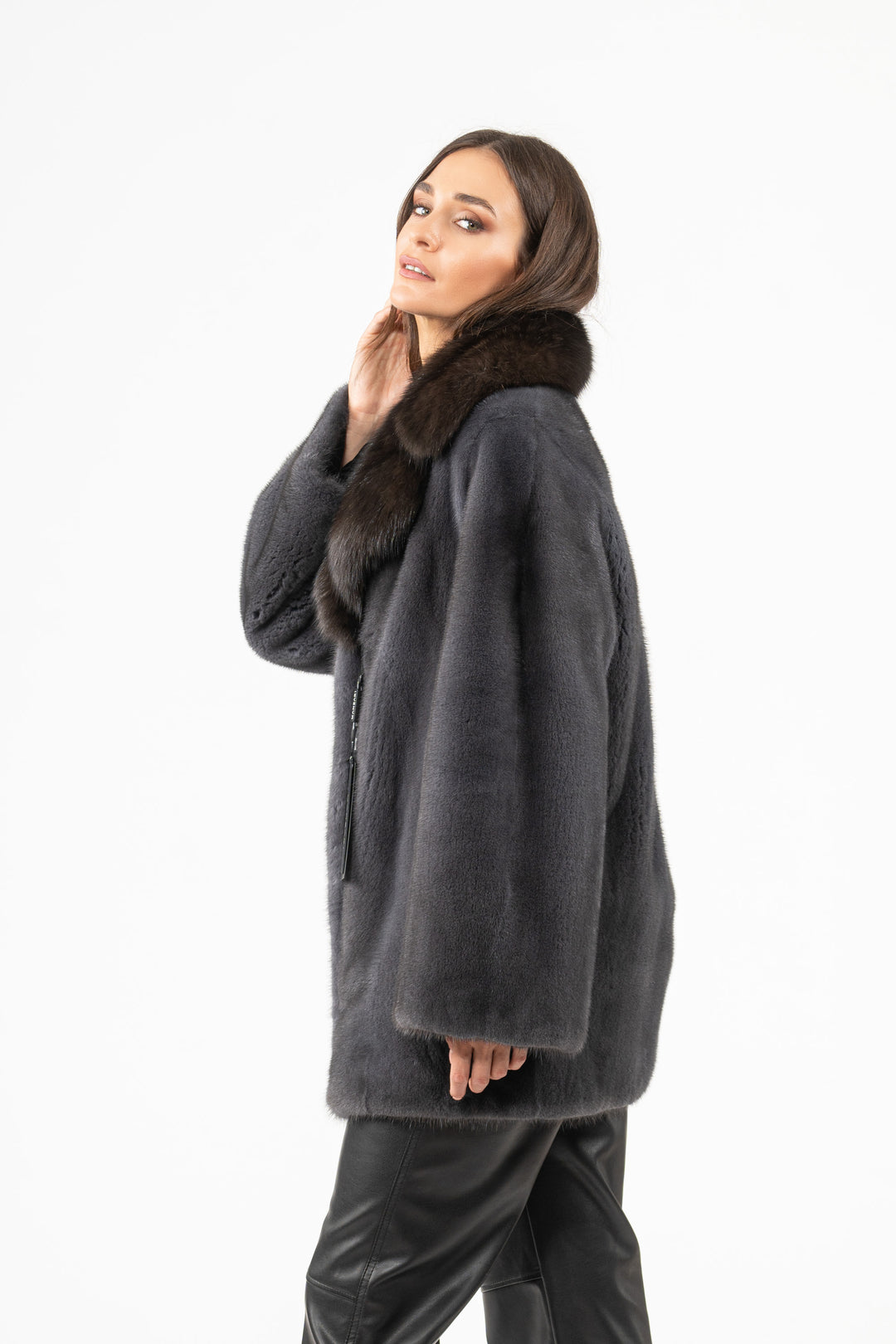 Model wearing a Grafite Mink fur coat