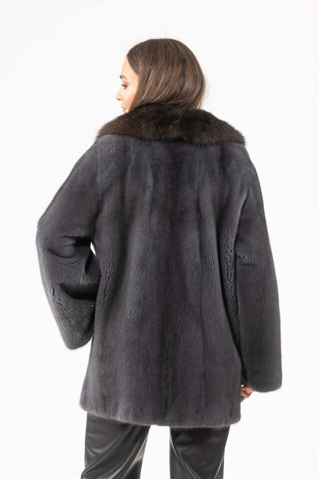 Model wearing a Grafite Mink fur coat