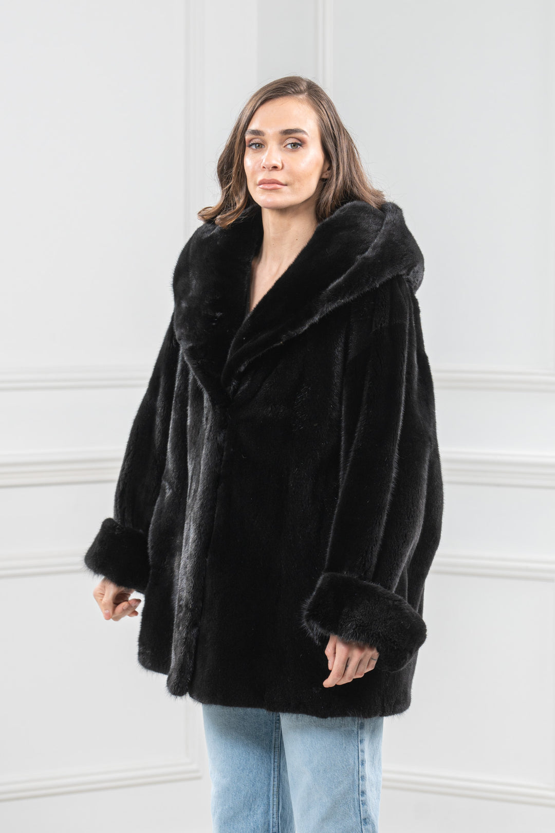 Black Mink Fur Short Jacket With Hood - Women&