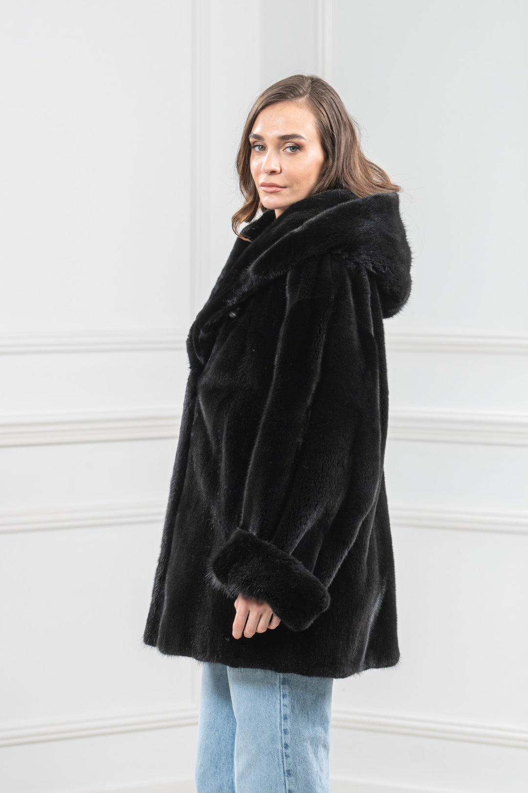Black Mink Fur Short Jacket With Hood - Women&