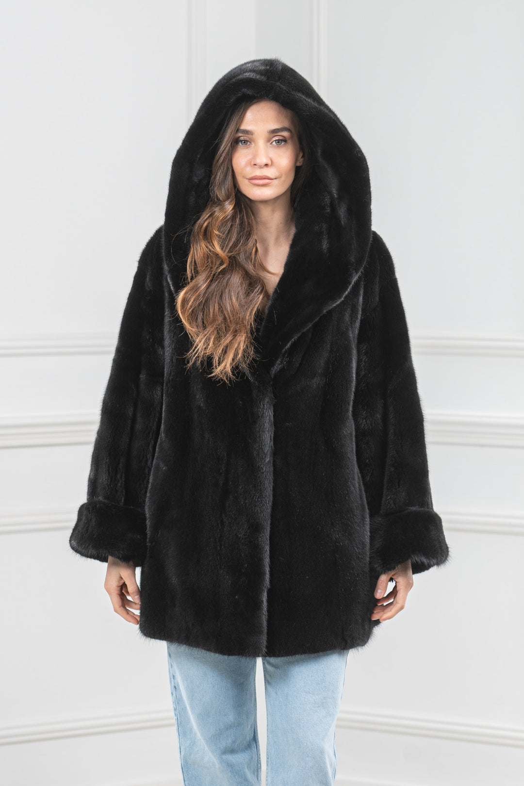 Black Mink Fur Short Jacket With Hood - Women&