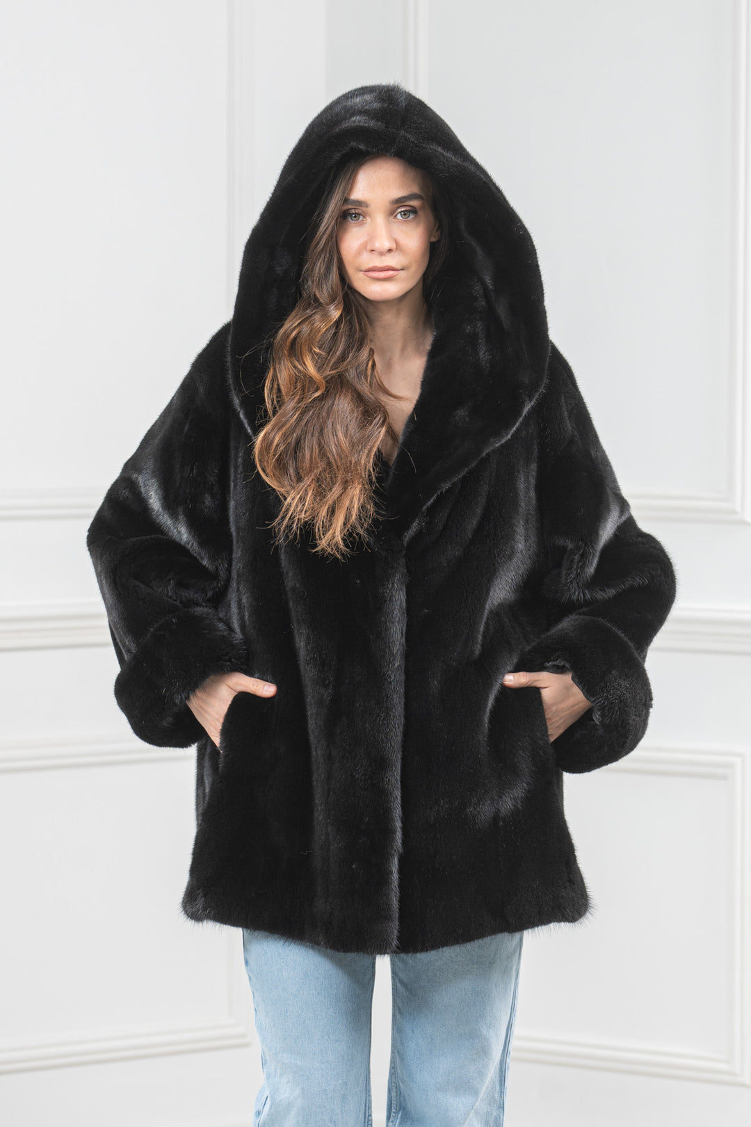 Black Mink Fur Short Jacket With Hood - Women&