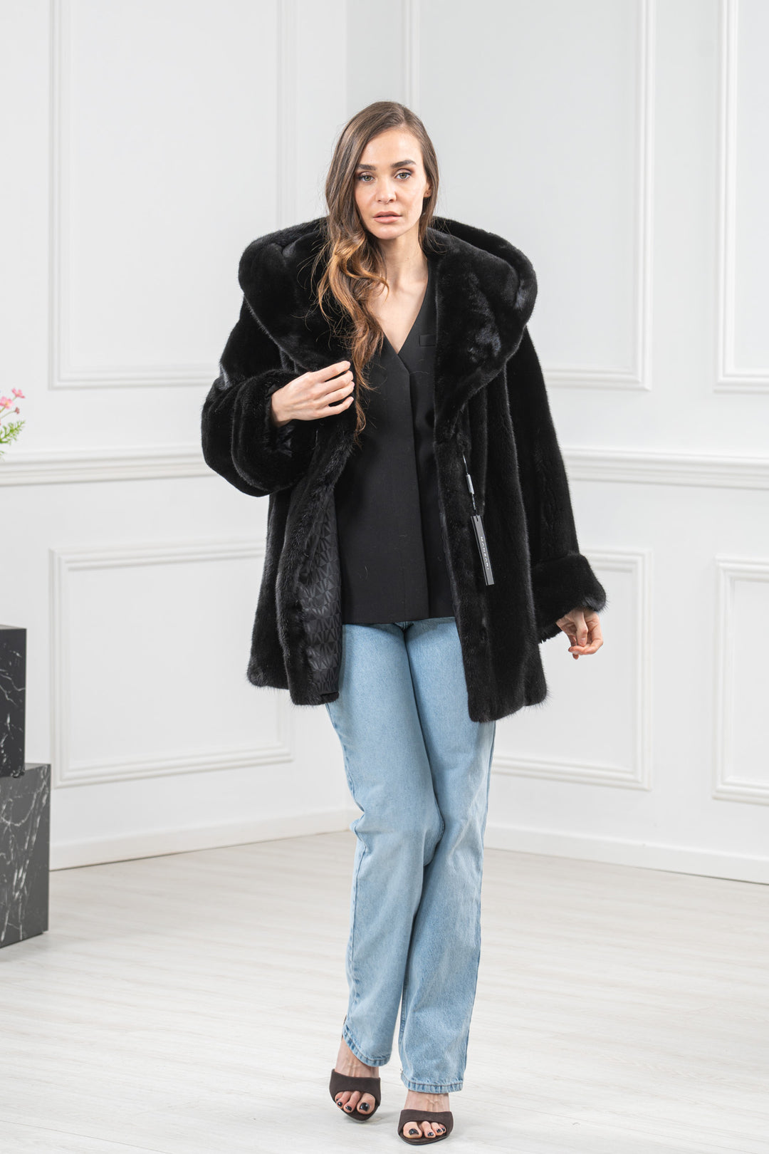 Black Mink Fur Short Jacket With Hood - Women&