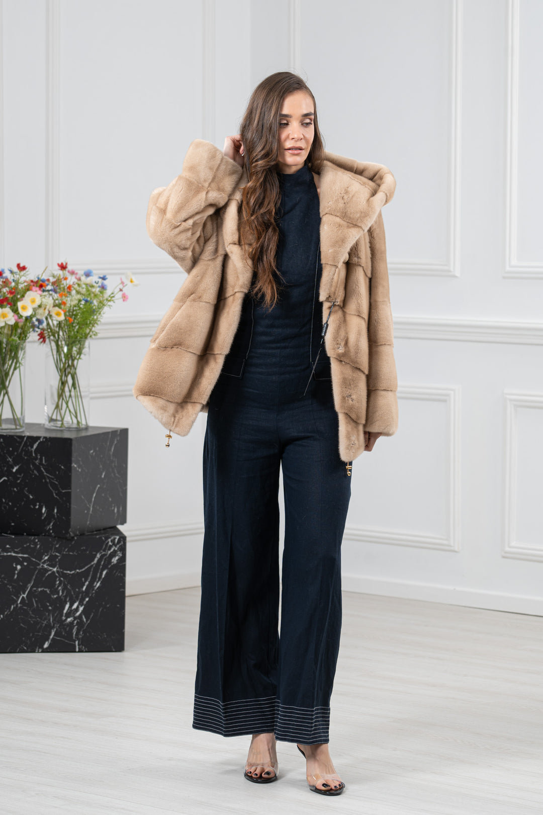 Palomino Mink Fur Short Jacket with Hood - Women&