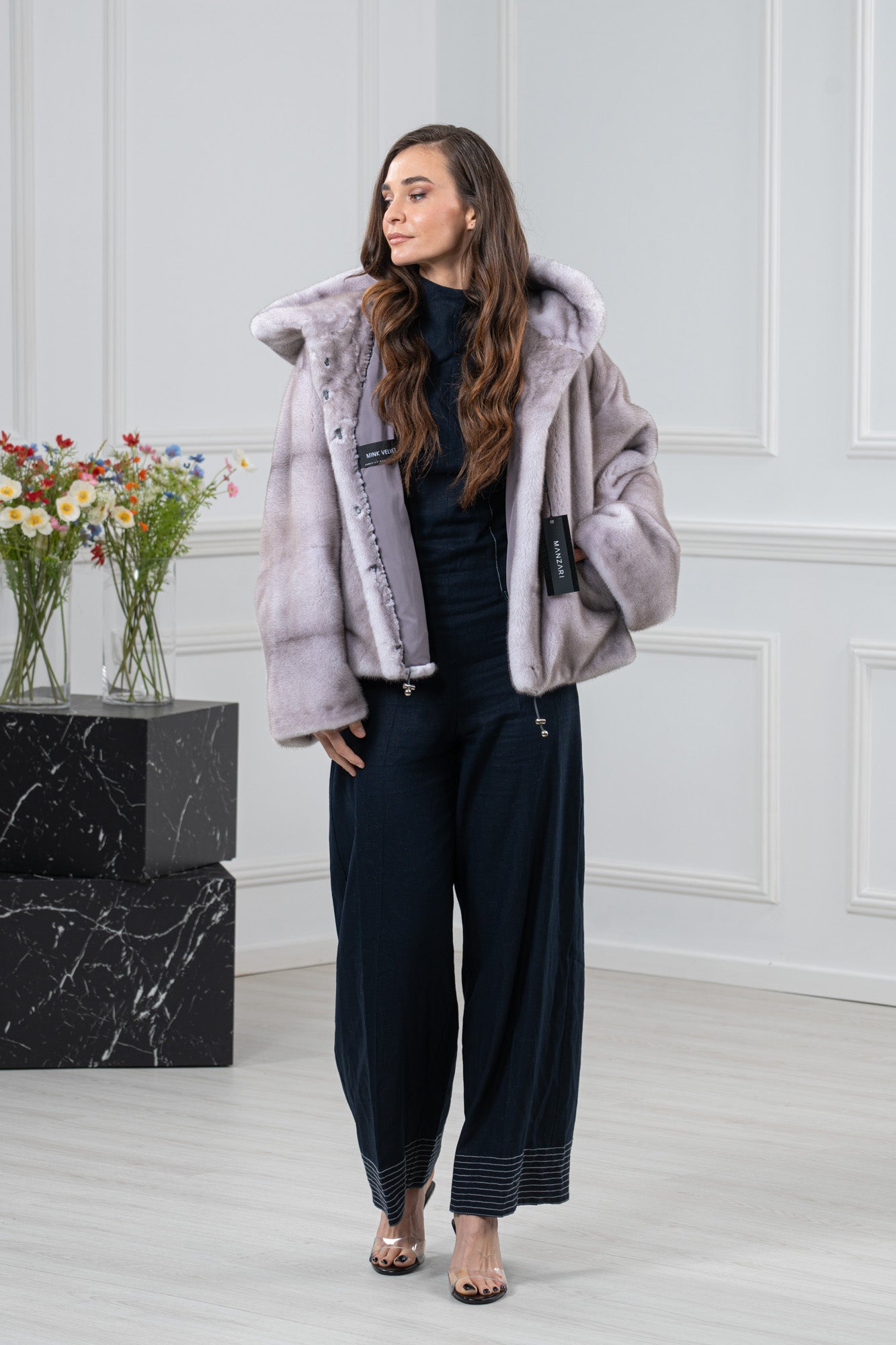 Mink Silver Blue G/W Velvet Short Jacket L/O 26M222 | MANZARI