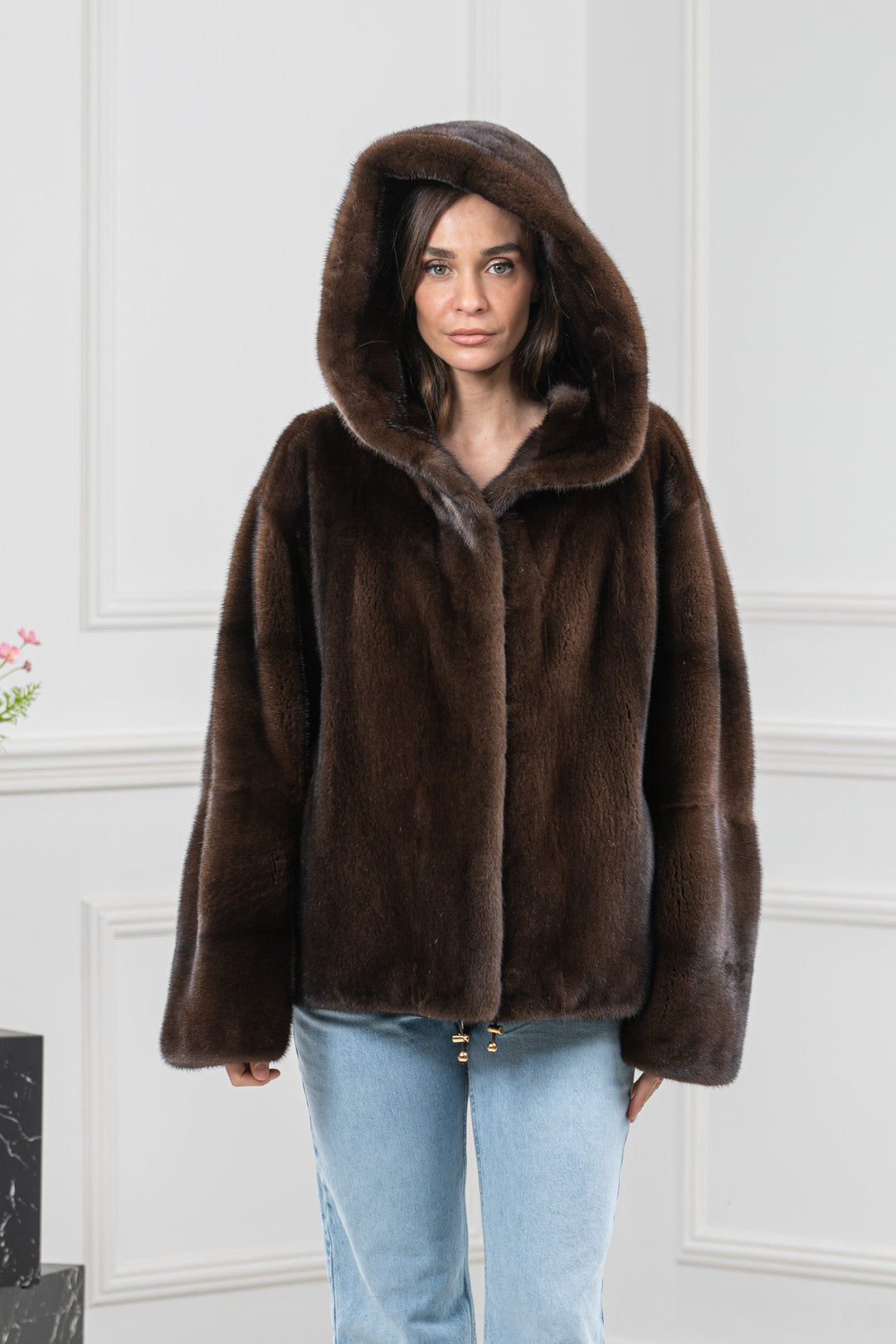 Mahogany Mink Fur Short Jacket With Hood - Women&