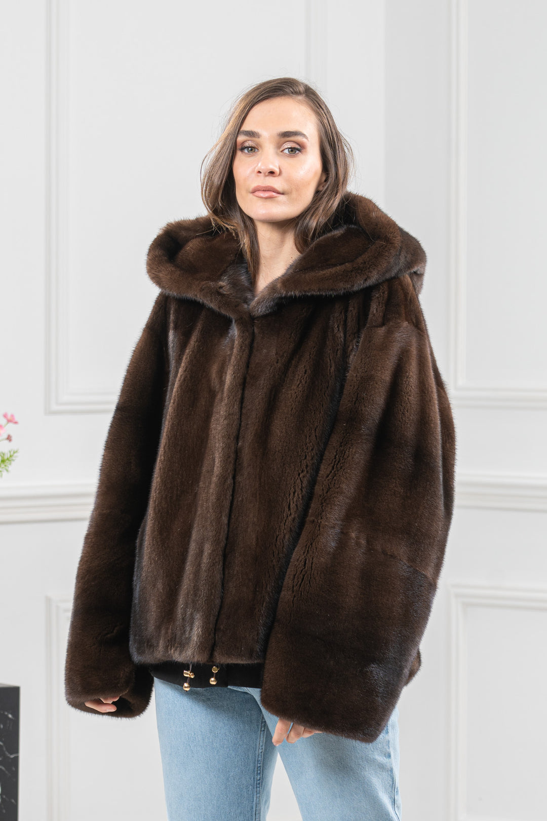 Mahogany Mink Fur Short Jacket With Hood - Women&