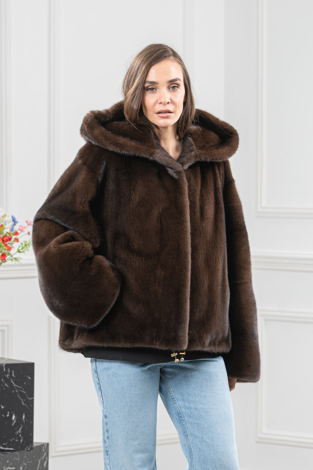 Mahogany Mink Fur Short Jacket With Hood - Women&