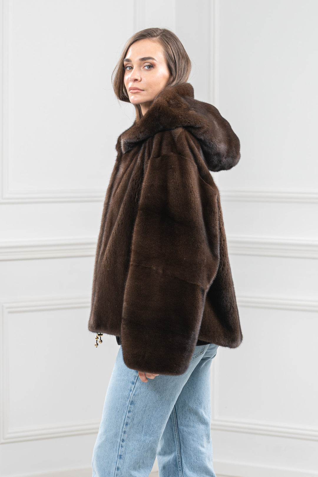 Mahogany Mink Fur Short Jacket With Hood - Women&