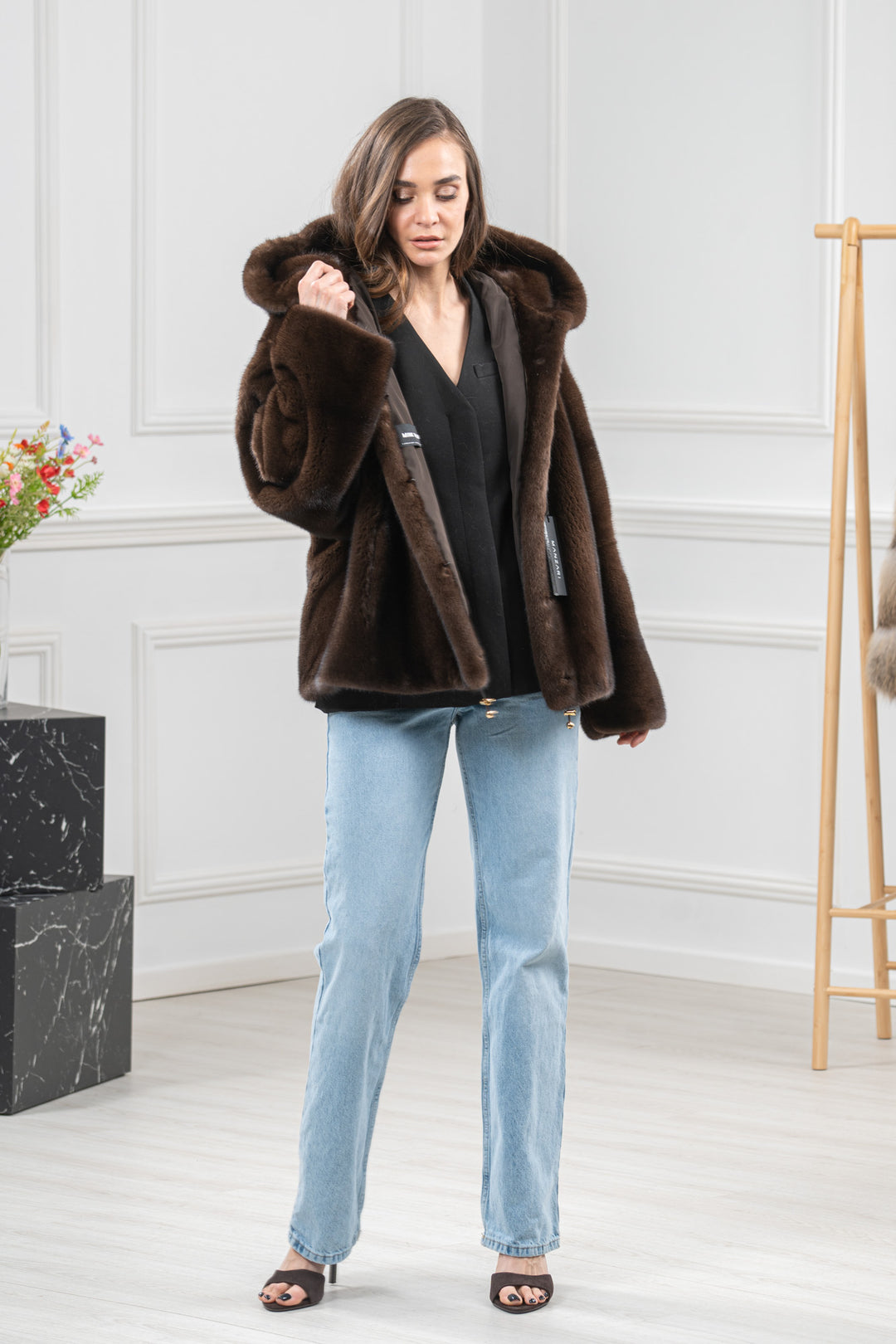 Mahogany Mink Fur Short Jacket With Hood - Women&
