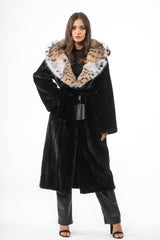 A black mink fur coat with a belt, long sleeves, and a large hood lined with spotted lynx fur featuring white and tan tones.