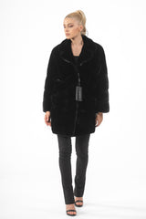 Front view of a black mink fur jacket. Features a notched collar, wide sleeves, and horizontal panels at the sleeves and hemline.