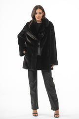 A black mink fur jacket with a wide notched collar, button closure, and straight sleeves, shown from a front-facing perspective.