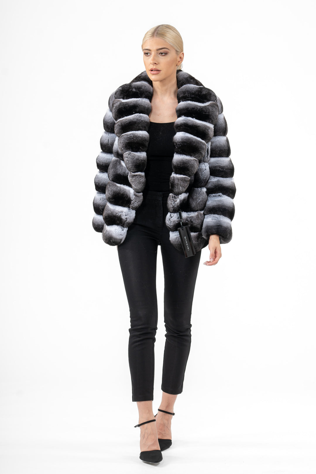 Model wearing a Natural Chinchilla fur coat by manzari