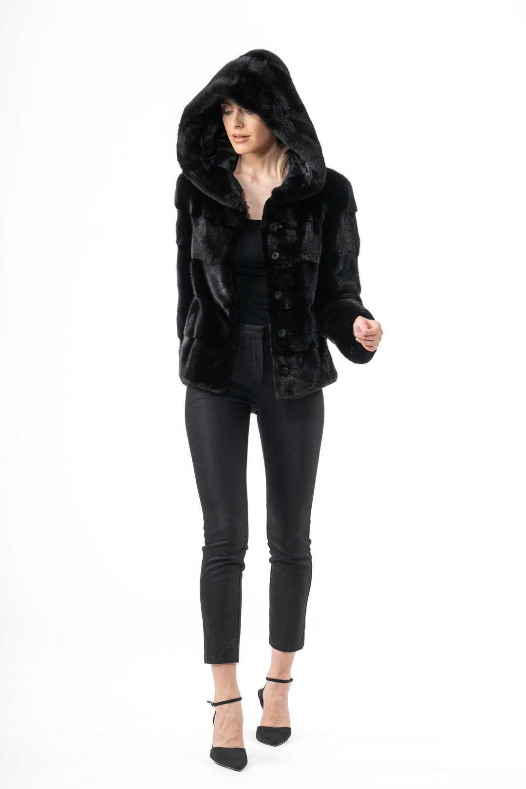 Model wearing a Black Mink fur coat