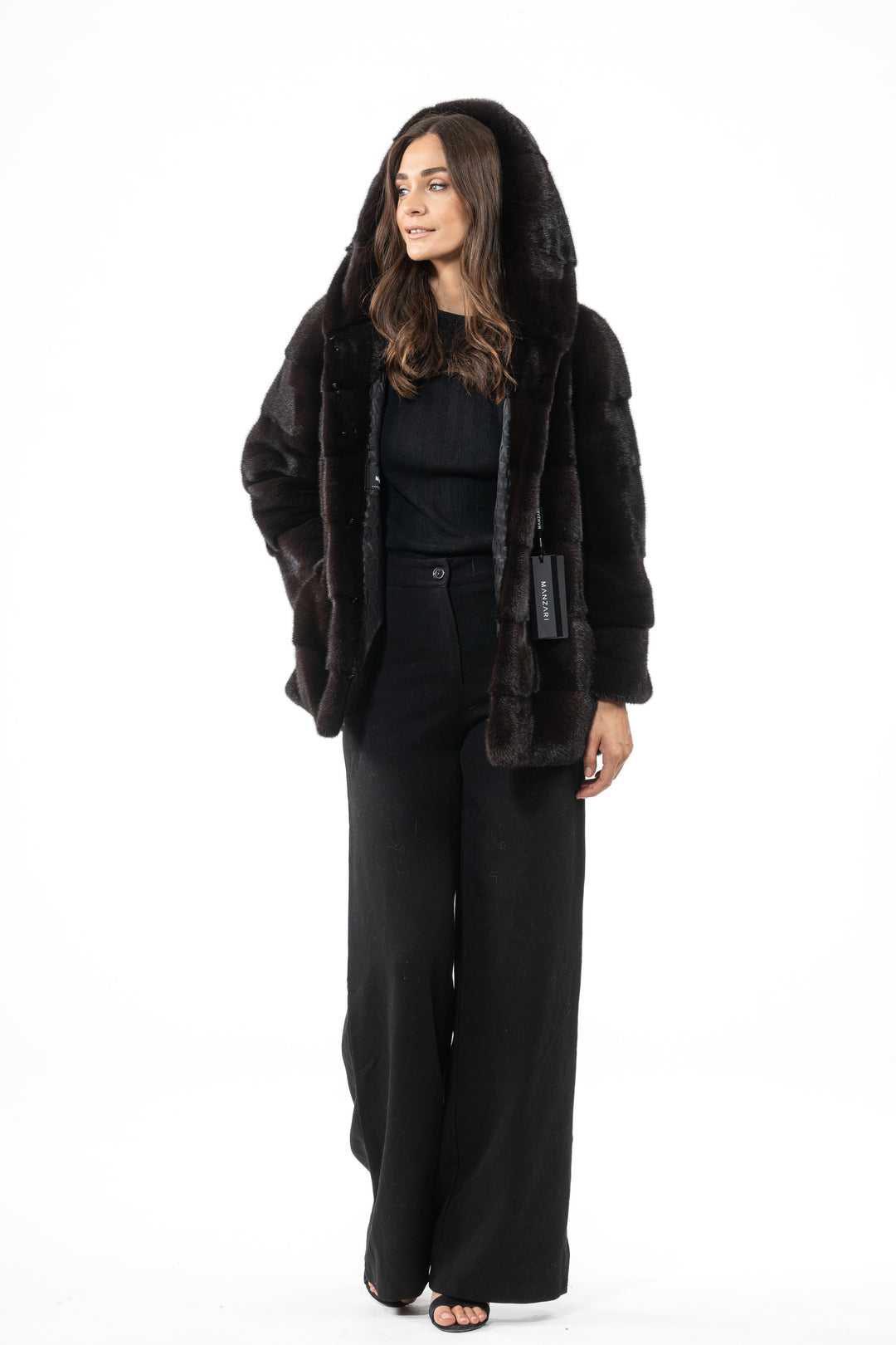 Model wearing a Black Red Mink fur coat