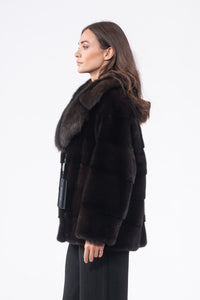 Model wearing a Black Red Mink fur coat