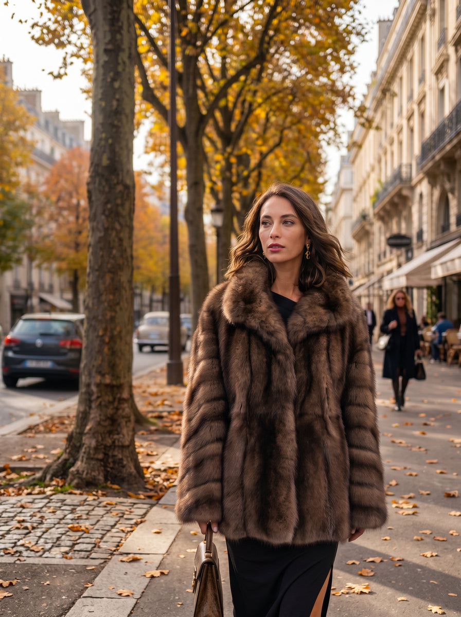 A woman in city street lined with trees in autumn, wearing a voluminous brown sable fur coat and holding a beige handbag.