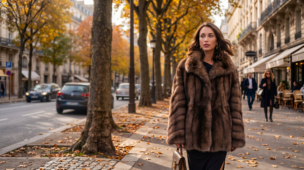 A woman walking on a city street lined with trees in autumn, wearing a voluminous brown sable fur coat and holding a beige handbag.