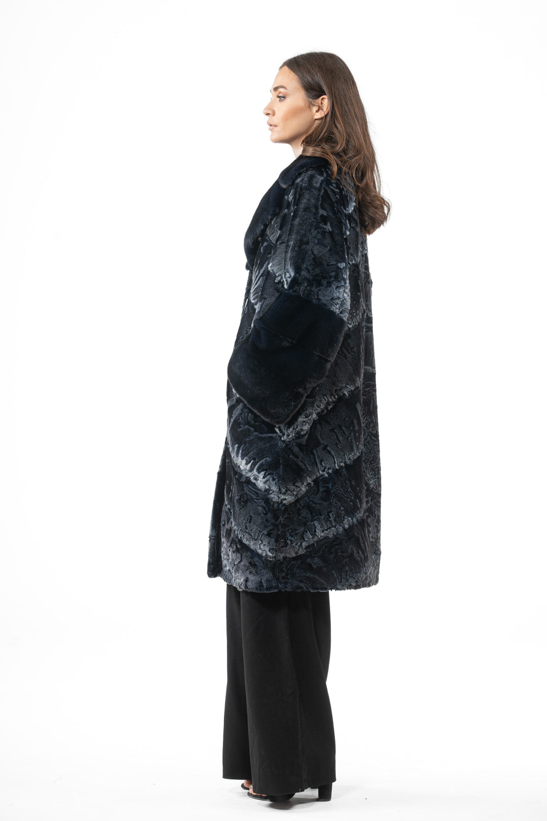 High-quality Blue Swakara fur coat for fashion enthusiasts