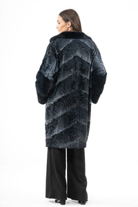 Manzari Blue Swakara fur coat with intricate details