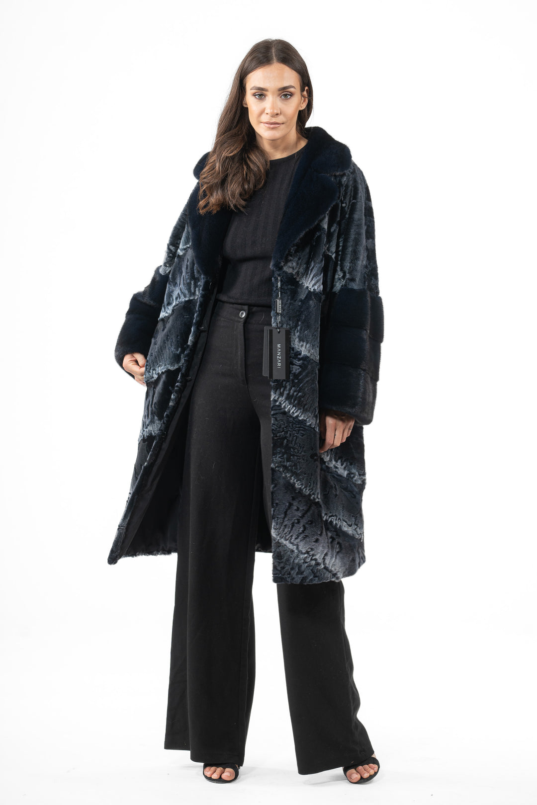 Manzari Blue Swakara fur coat for a luxurious feel