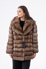 Russian sable jacket in gun metal tones with wide, notched lapels and horizontal fur panels throughout the body and sleeves.