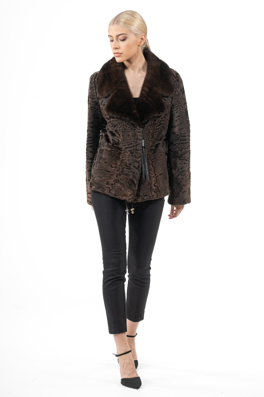 Elegant Chokolat Swakara fur coat for modern fashion
