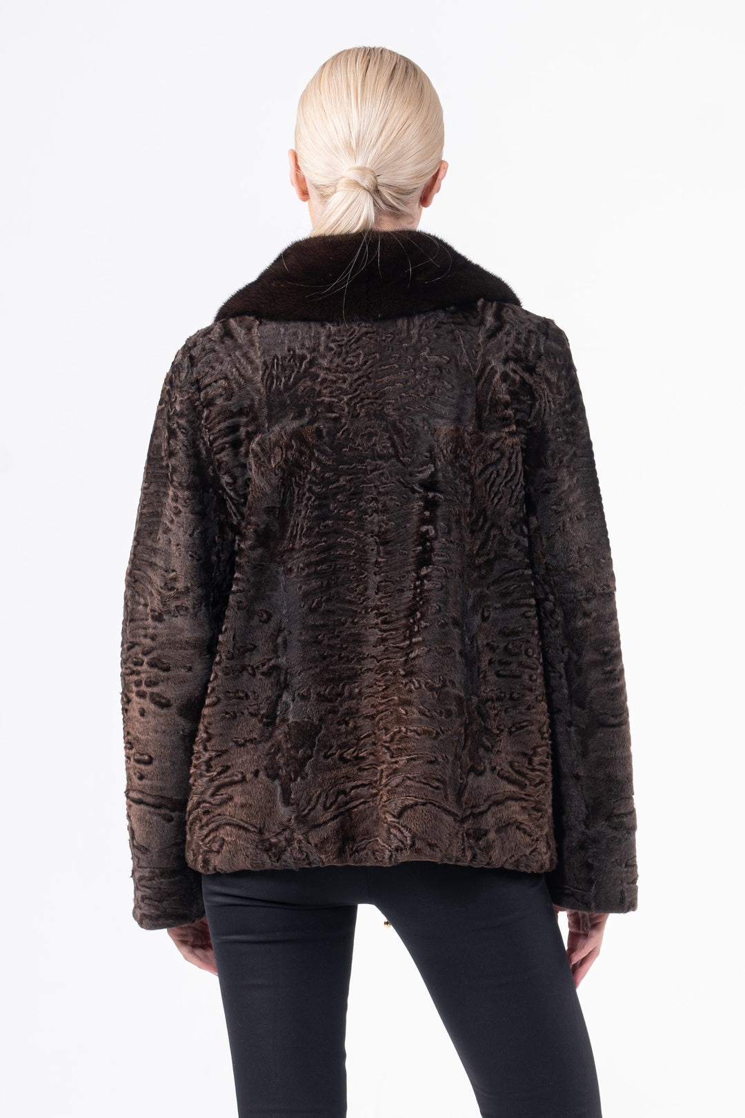 Manzari Chokolat Swakara fur coat with intricate details