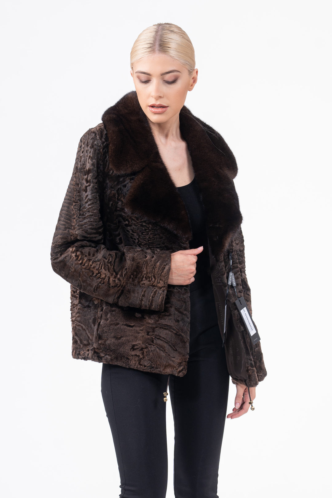 Elegant Chokolat Swakara fur coat for modern fashion